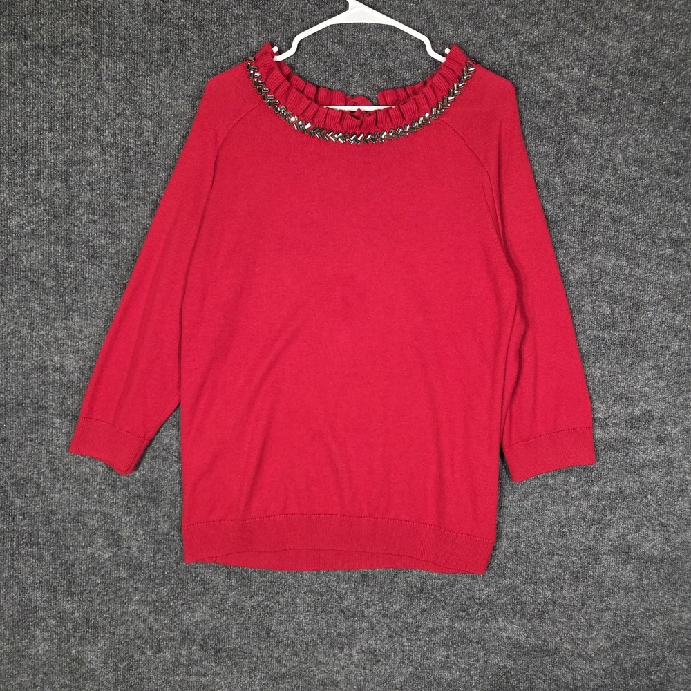 Talbots RSVP Women's 2X Red Embellished Neck Sweater 3/4 Sleeve Knit Top